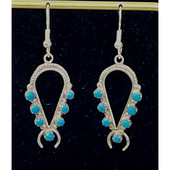 Navajo Sterling Silver Turquoise Squash Blossom Naja Dangle Hook Earrings Signed